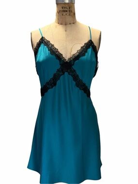 Victoria's Secret Teal Slip Dress with Turquoise Black Lace Trim Size M